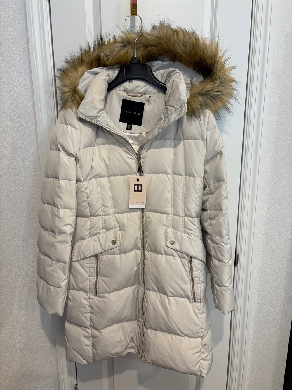 Ivanka Trump Pearl Quilted Puffer Coat with Faux Fur Hood L